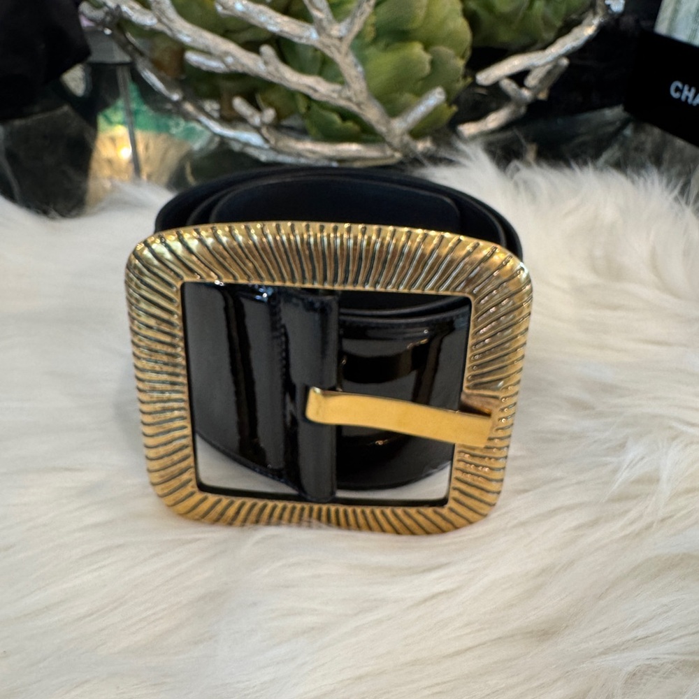 Saint Laurent Black and Gold Belt with Textured Buckle